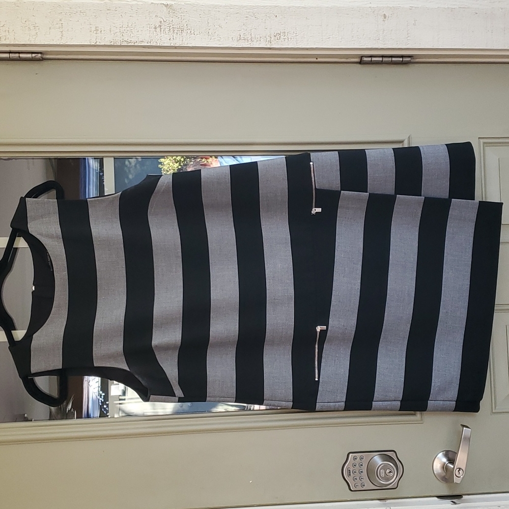 Banana Republic Grey and Black Stripe Dress with Zippers, Size 14